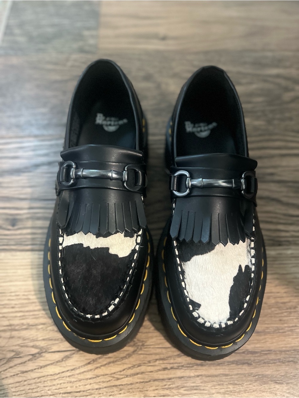 Dr. Martens Adrian Snaffle Quad Platform Loafer — Cow Print Hair On —UK5 / US W7 - Picture 2 of 8